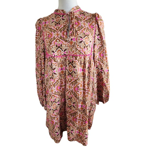 T CEC Dresses & Skirts - TCEC Boho Print Tie Neck Long Sleeve Mini Dress Womens Large Cottagecore Boho